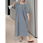 Chouyatou Women'S Casual Gingham Loose-Fit Swing Dress Cotton Lantern Puff Sleeve Plaid Midi Long Dress