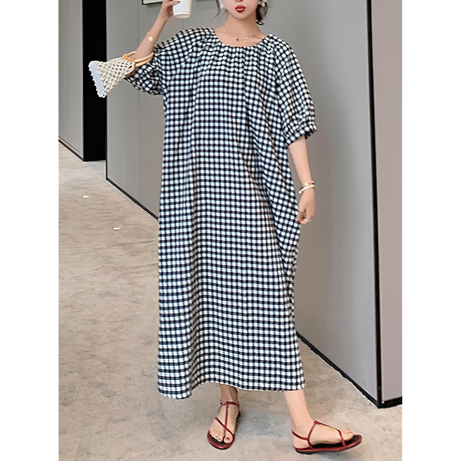 Chouyatou Women'S Casual Gingham Loose-Fit Swing Dress Cotton Lantern Puff Sleeve Plaid Midi Long Dress
