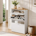 Vingli Shoe Cabinet Storage For Entryway Ultra Slim With 2 Flip &1Drop-Down Drawers, 24.8" W Narrow Shoe Cabinet For Front Door Entrance,Freestanding Modern White Wood Shoes Organizer For Hallway