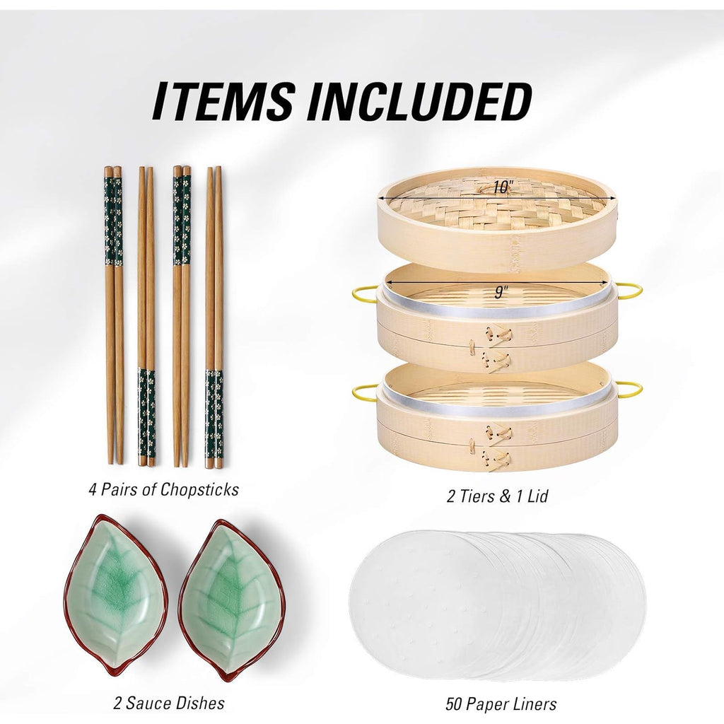 MacaRio Bamboo Steamer Basket Set 10 inch Steamer for Cooking, with Side Handles Chopsticks Ceramic Sauce Dishes Paper Liners, for Dim Sum Dumplings Buns Seafoods Rice Asian Foods