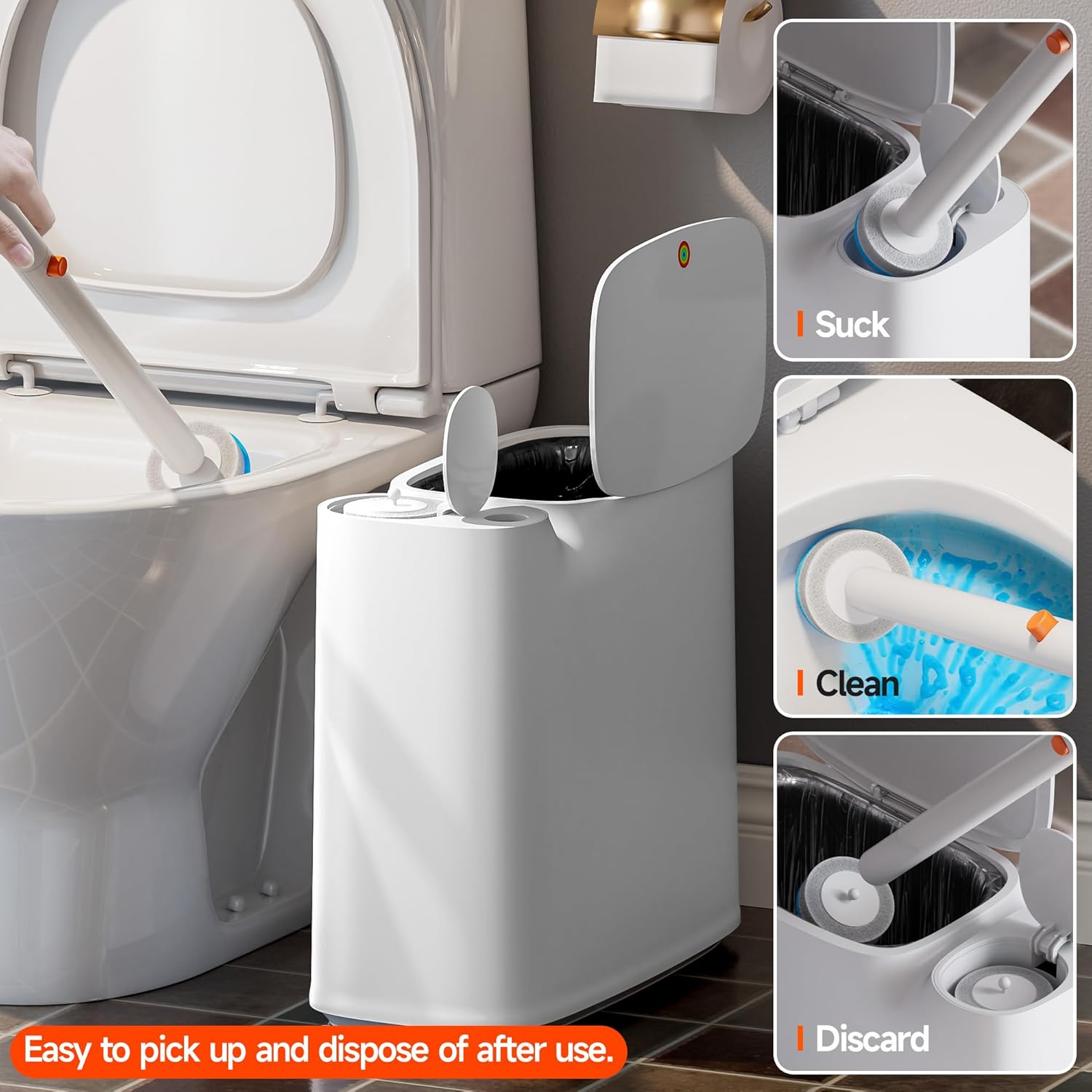 Bathroom Trash Can Set - Narrow White Plastic Small Trash Can, A Toilet Wand, Toilet Brush Holder And 36 Refills, 2 Gallon Trash Can With Pop-Up Lid, Suitable For Bathrooms And Small Toilets.