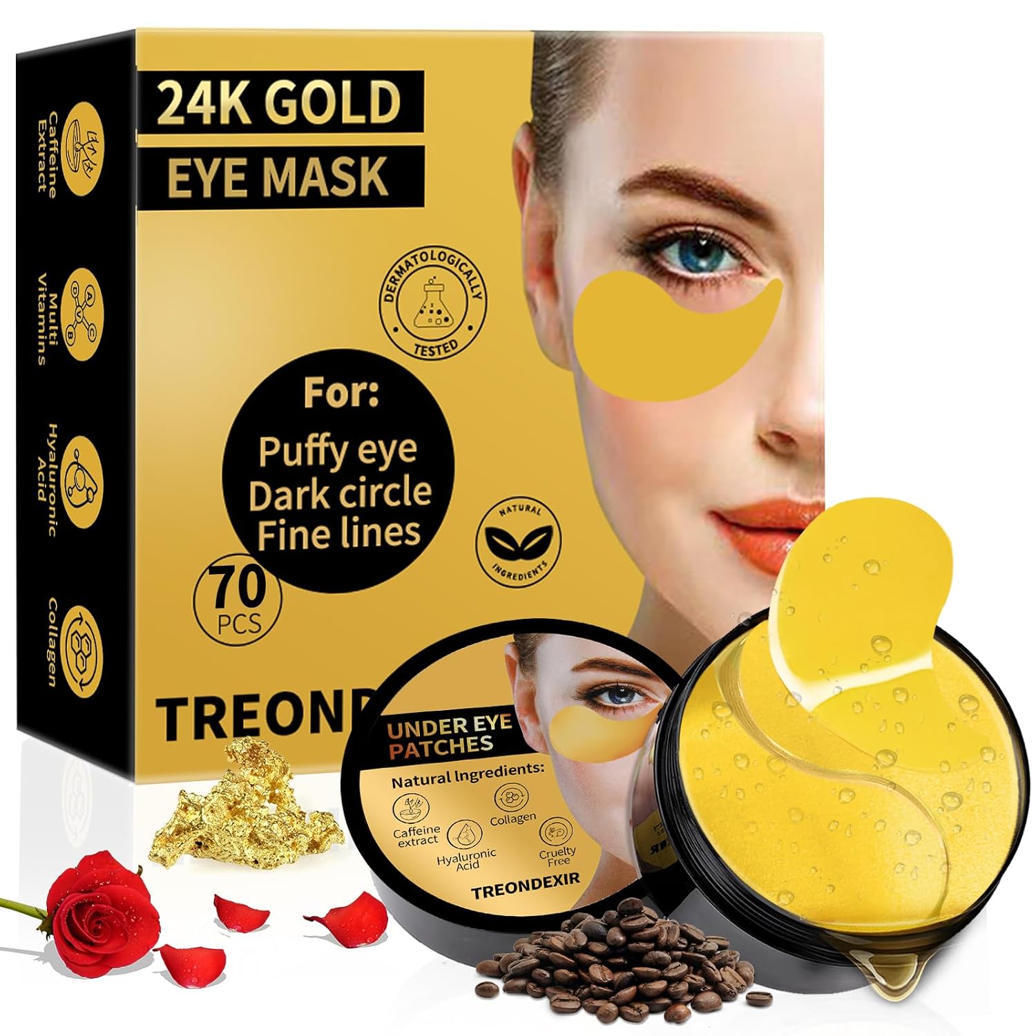 24K Gold Eye Masks For Dark Circles And Puffiness 70Pcs, Under Eye Patches For Puffy Eyes Treatment, Under Eye Gel Pads W/ Collagen, Caffeine, Peptides For Eye Bags Treatment, Gel Eye Mask Skincare