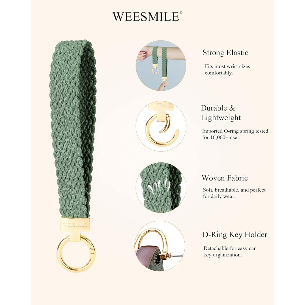 WEESMILE Keychain Wristlet, Stretchy Key Chain for Car Keys with 2 Keyrings and D ring, Cute Wrist Lanyard for Women Men