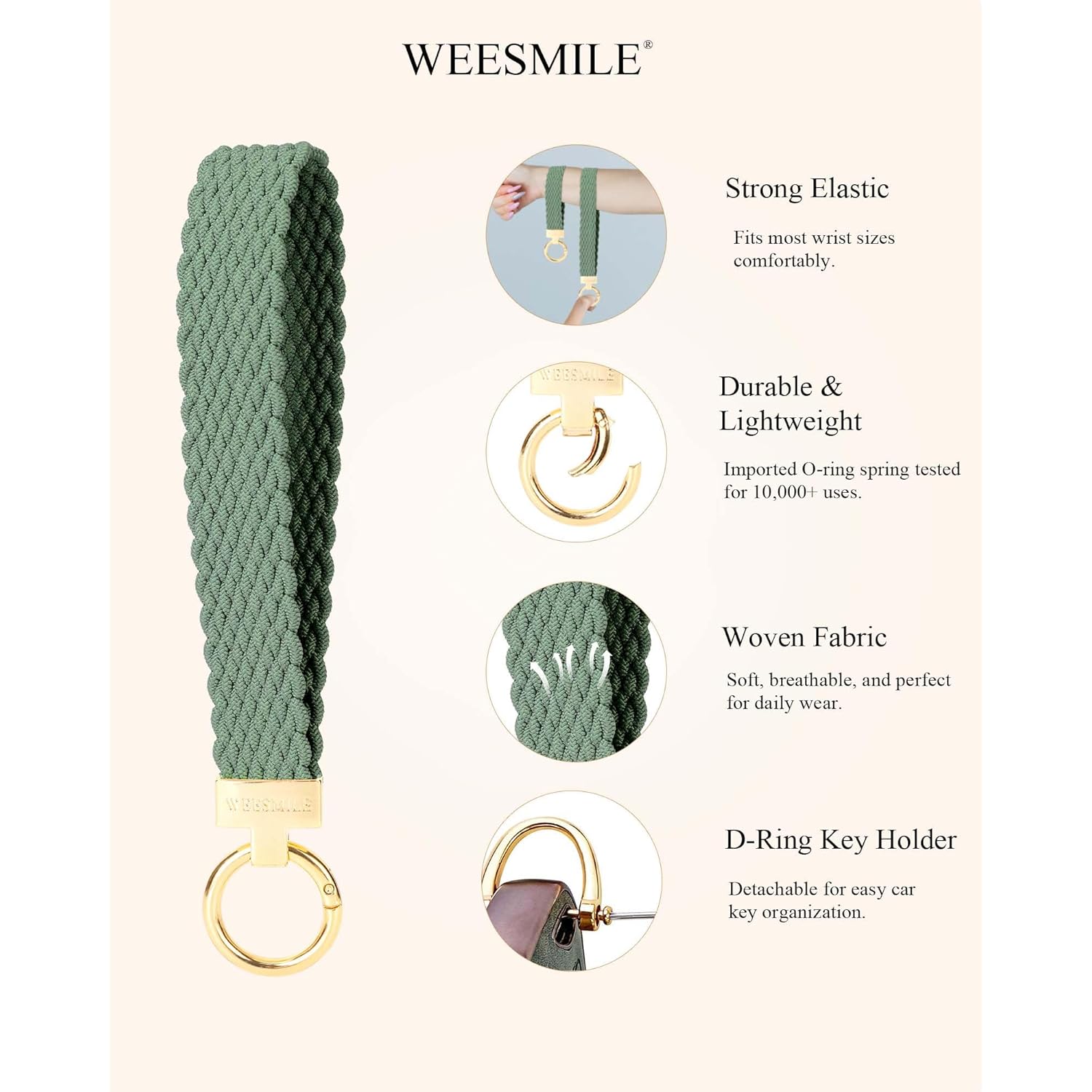 WEESMILE Keychain Wristlet, Stretchy Key Chain for Car Keys with 2 Keyrings and D ring, Cute Wrist Lanyard for Women Men