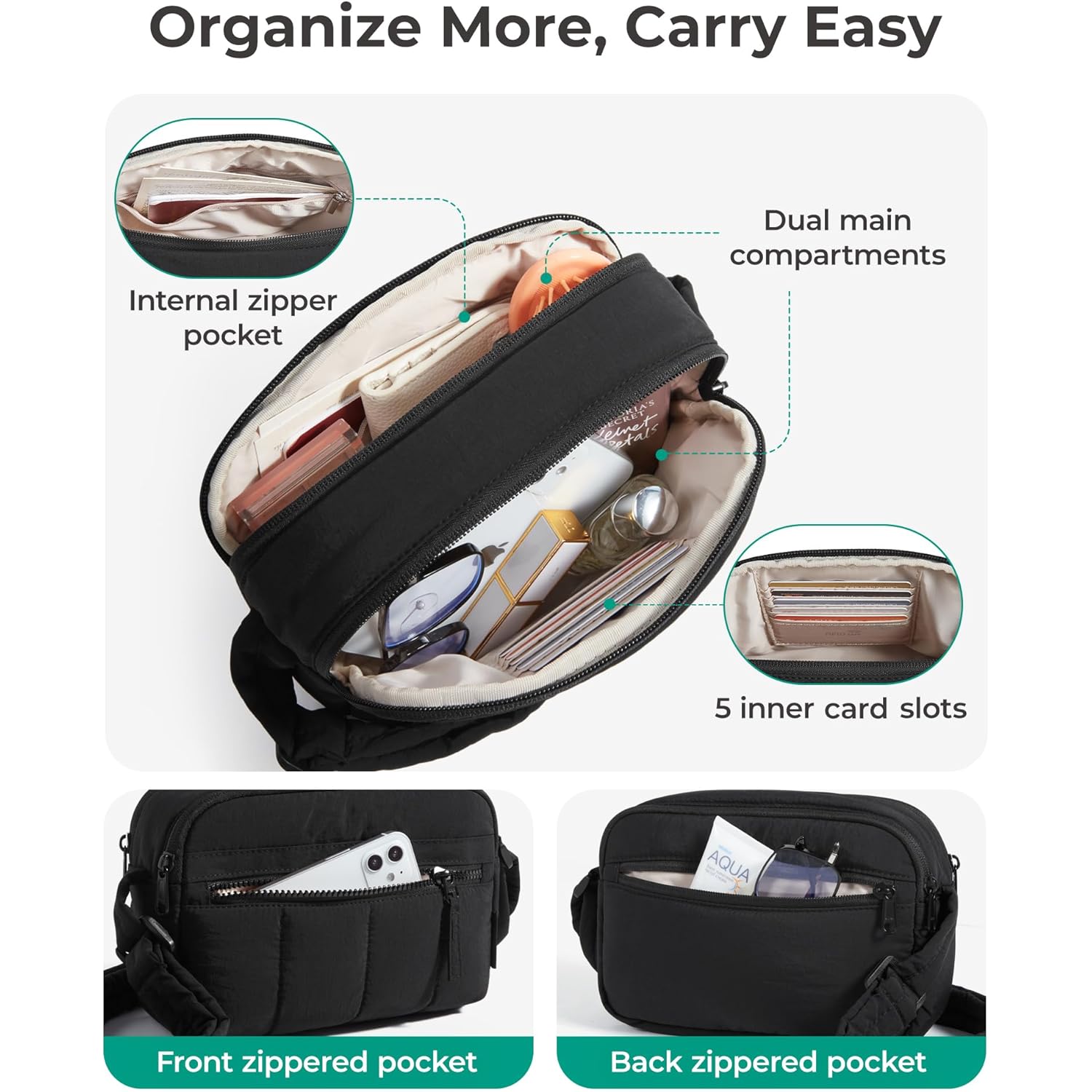 BAGSMART Cross Body Purse, Mini Crossbody Bags for Women Travel Purse, Puffy Shoulder Handbag Wallet with RFID Blocking Slots, Black-small