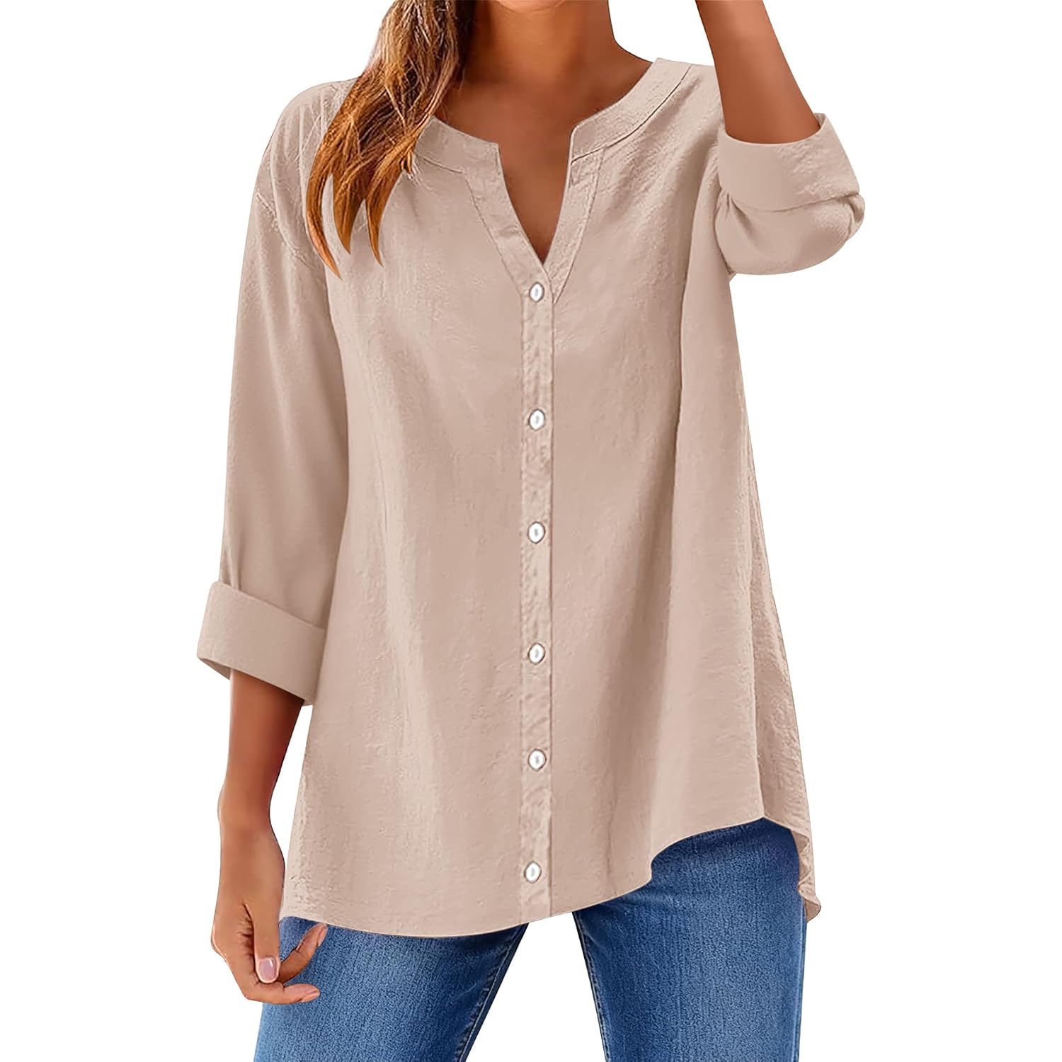 Lomon Womens Button Down Shirts Long Sleeve Cotton Button Up Shirt Linen V Neck Casual Loose Tops Blouses