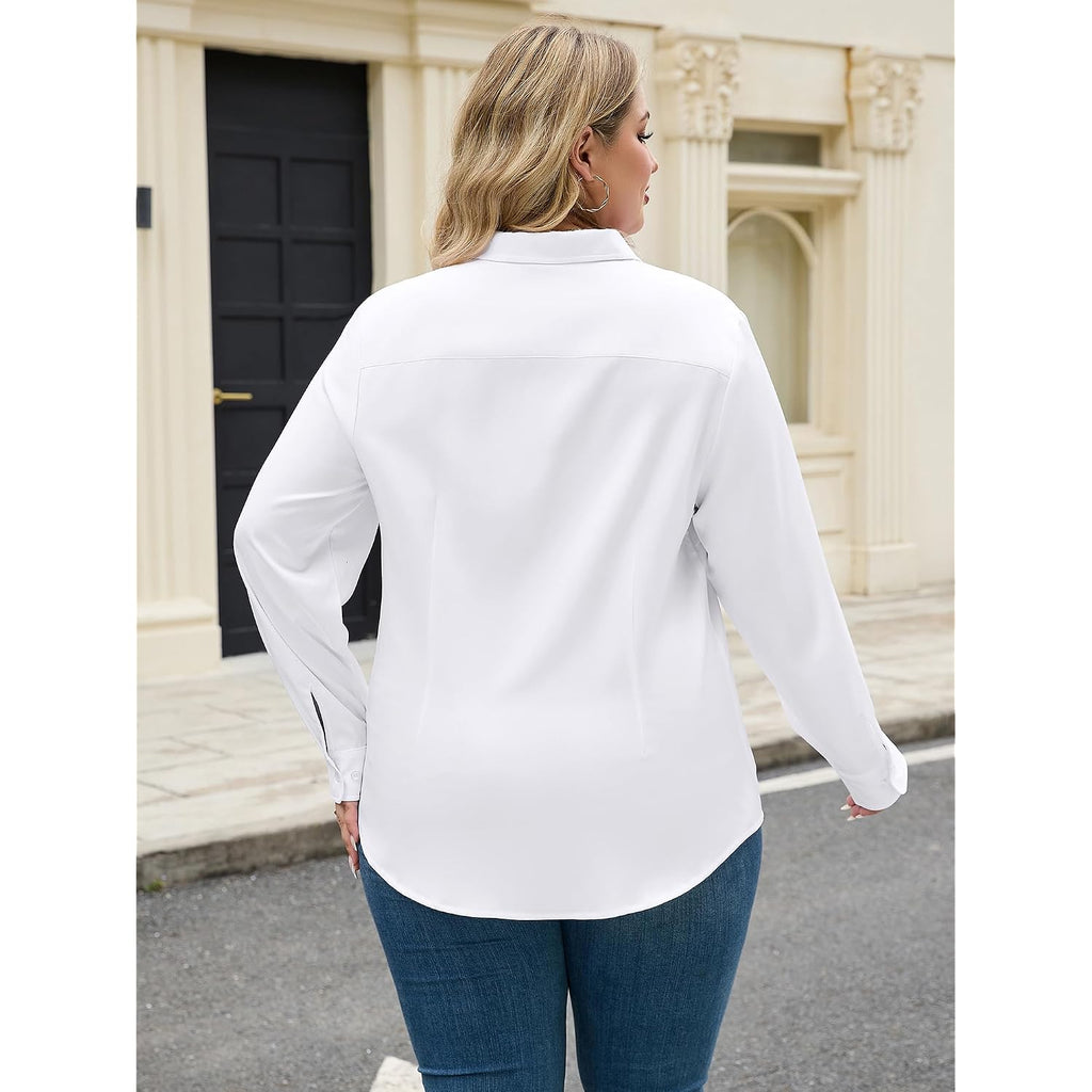 Siliteelon Plus Size Button Down Shirts For Women Dress Shirt Stretch Long Sleeve Collared Shirt Wrinkle Free Work Blouse Top