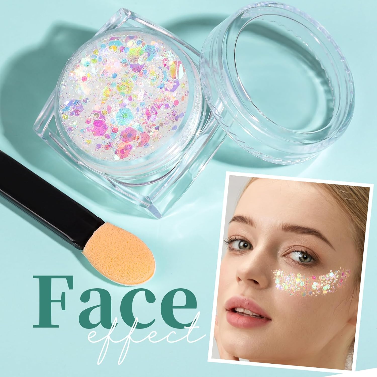 Teenitor Clear White Body Glitter Face Glitter Hair Glitter for Women, 9 Shapes Face, Body Hair Glitter Gel, Makeup Glitter for Concerts Music Festival Birthday Party Halloween
