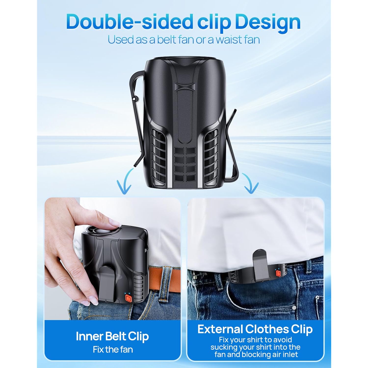 Portable Personal Waist Fan& Neck Fan, 14000Rpm Brushless Motor, 40H Runtime Rechargeable, 6-Speed Quiet Operation, Clip-On Personal Body Cooling For Camping/Worksites/Outdoor