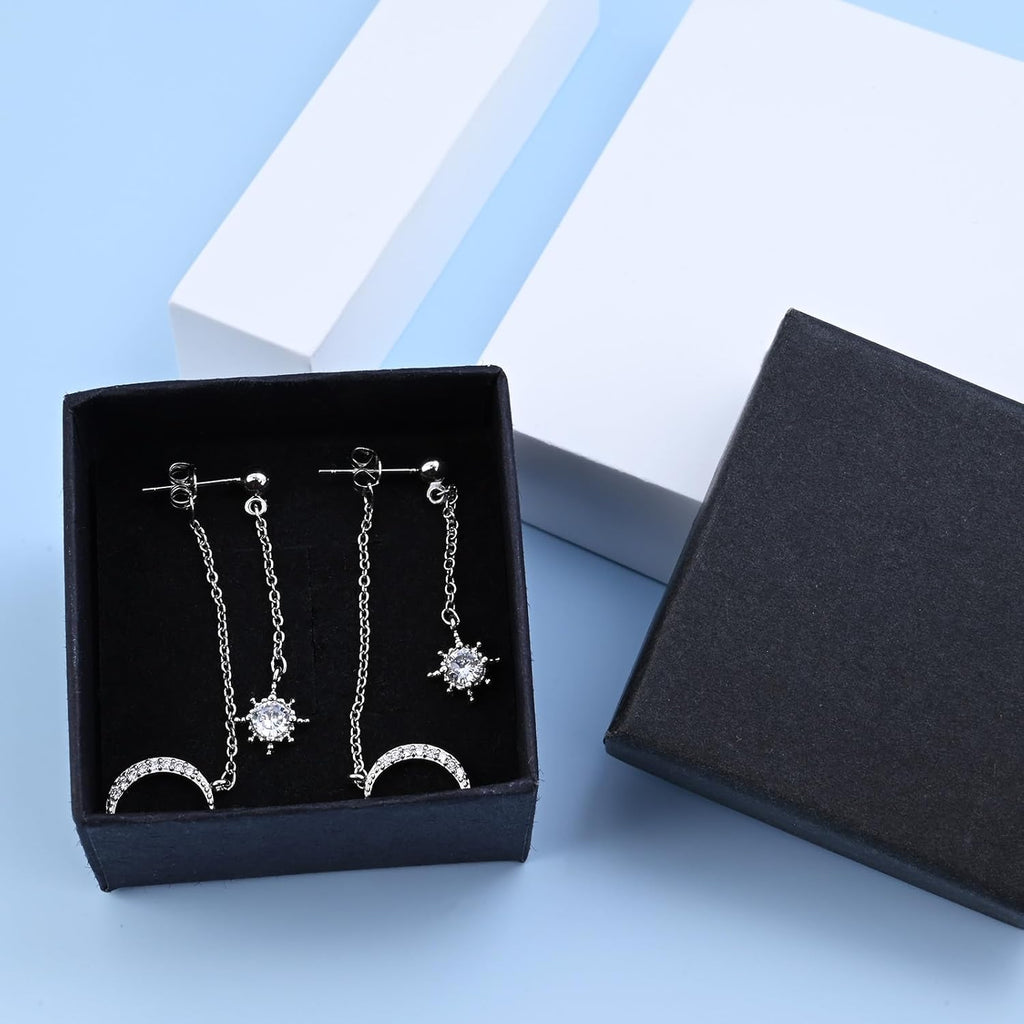 Moon and Star Dangle Earrings for Women Chain Tassel with Cubic Zirconia Drop Celestial Jewelry for Wedding Gift