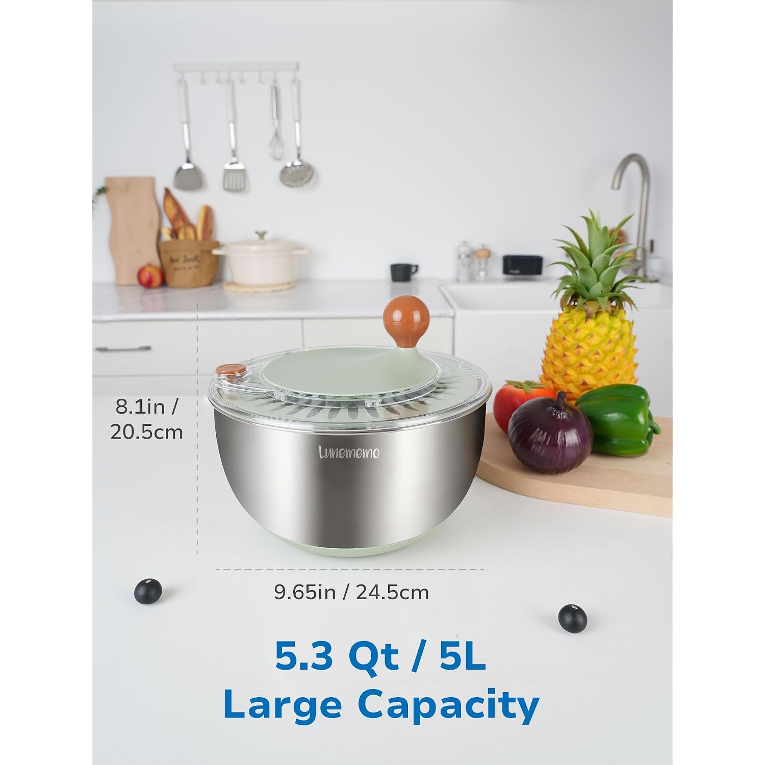 Stainless Steel Salad Spinner, Lettuce Spinner With Drain, Non-Slip Base, Stop Button, Vegetable Dryer, Bpa Free, 5.3 Qt