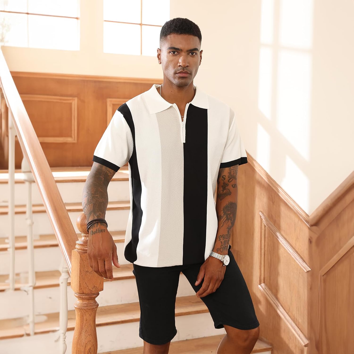Men'S Fashion Polo Shirts Vintage Striped Knitting Shirts Casual Slim Fit Golf Shirts