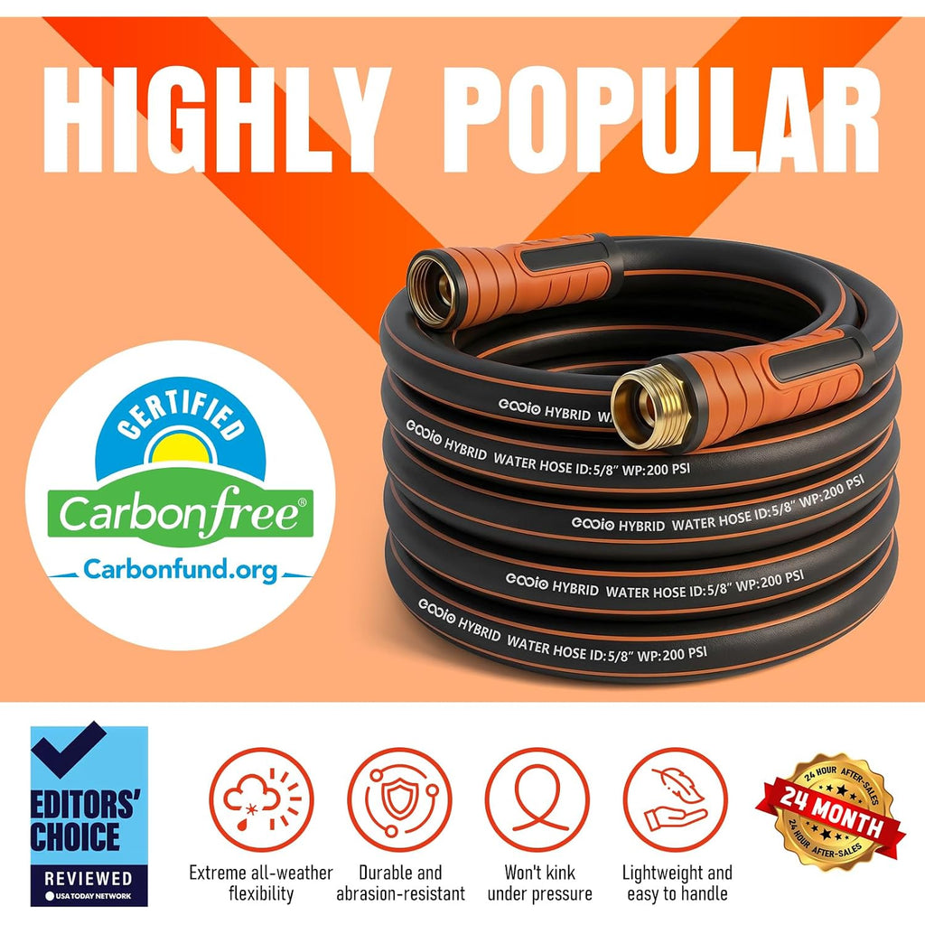 Garden Hose 25 Ft X 5/8", Heavy Duty Water Hose, Flexible And Durable, Kink Resistant Lightweight Hybrid Hose, Leakproof Yard Hose With Male To Female Fittings
