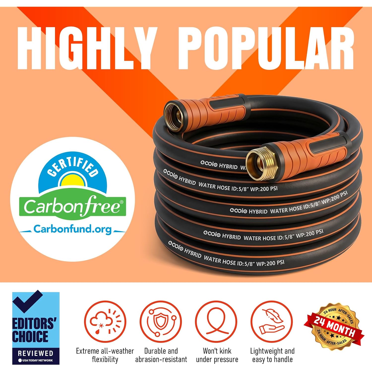 Garden Hose 25 Ft X 5/8", Heavy Duty Water Hose, Flexible And Durable, Kink Resistant Lightweight Hybrid Hose, Leakproof Yard Hose With Male To Female Fittings