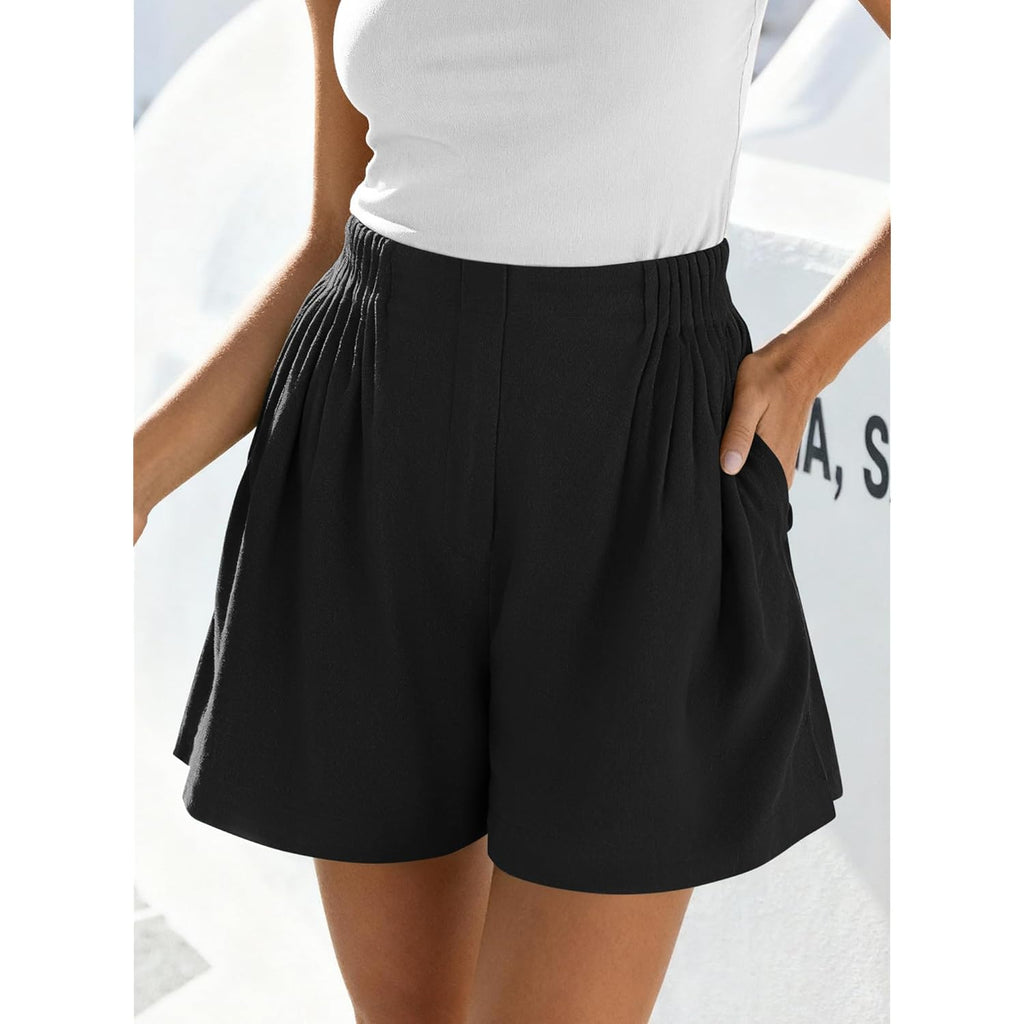 Womens Shorts Casual 2026 Spring Summer Elastic High Waisted Pleated Cotton Shorts Beach Vacation Outfits Pockets