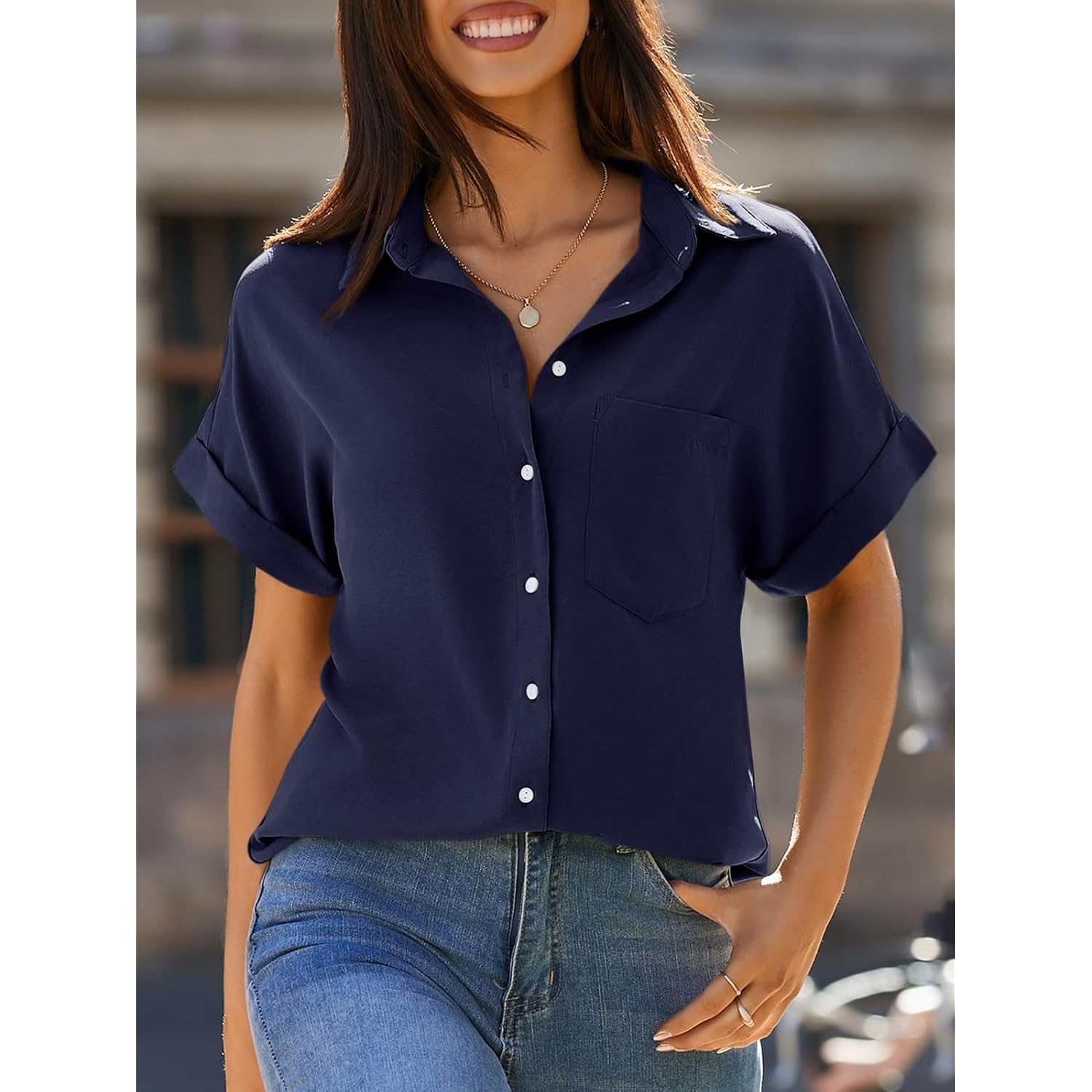 Womens Short Sleeve Shirts V Neck Collared Button Down Shirt Tops with Pockets