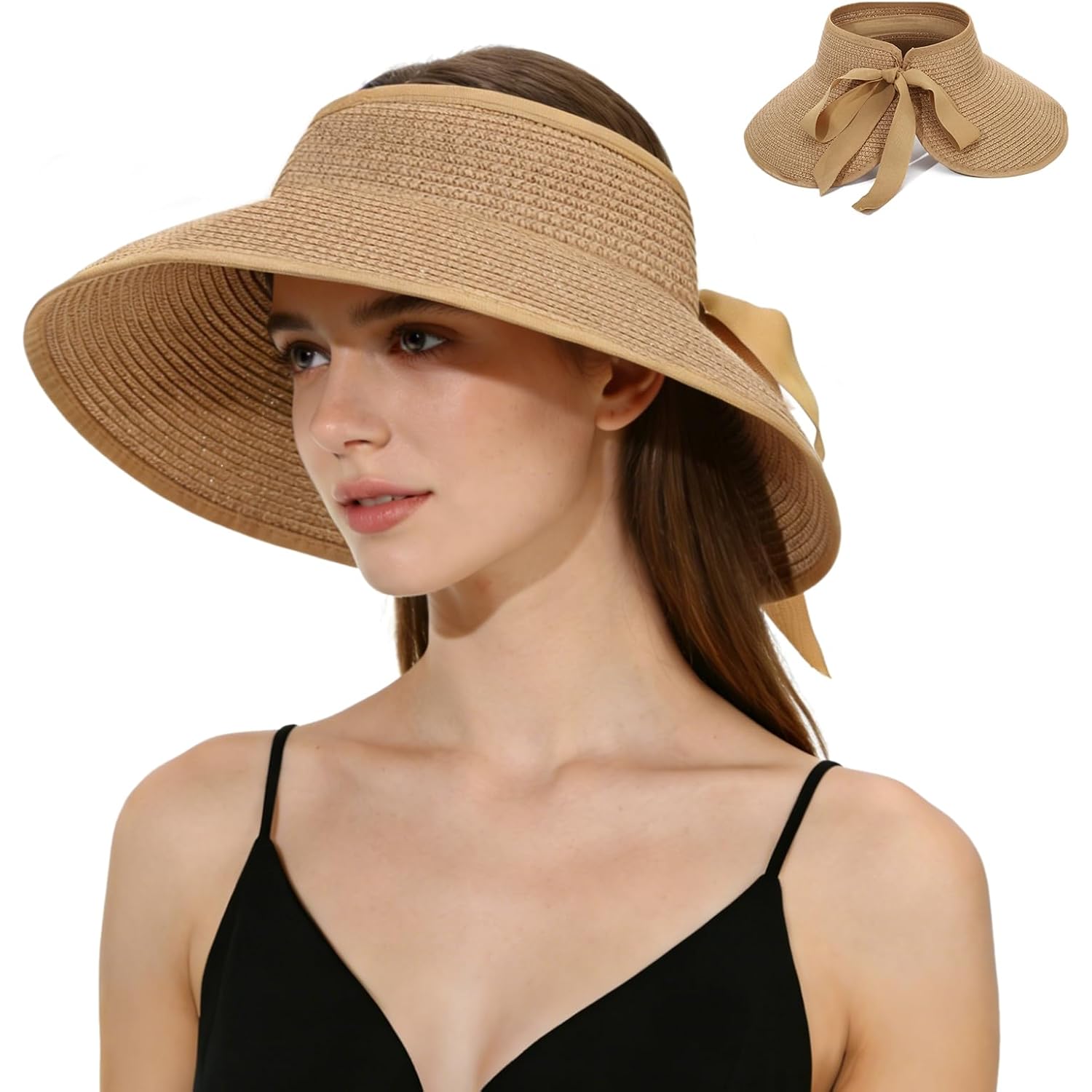 Oweisong Sun Visor Hat for Women Summer Straw Beach Hats Packable Wide Brim Hat with Ponytail Hole Beach Essentials