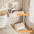 Small Makeup Vanity Desk 27.5''W With Mirror And Lights, White | 3 Drawers, Usb Lighted Mirror, Height-Adjustable Stand, Fabric Drawers, Girls/Kids Gifts, Bedroom, Small Space, Dorm