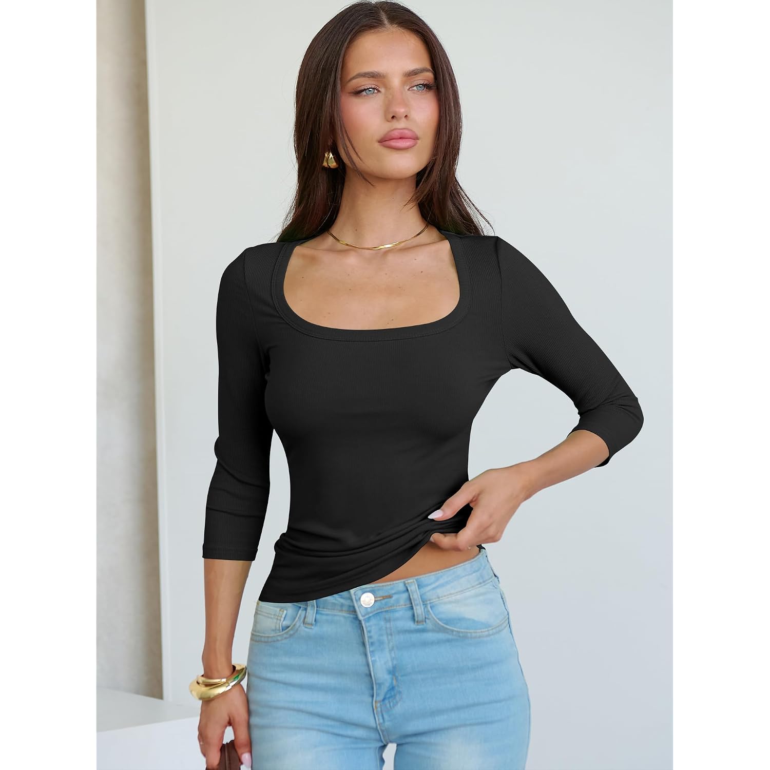 Anrabess Womens 3/4 Sleeve Scoop Neck Tops Ribbed Knit Slim Fitted Casual Basic Tee Shirts 2026 Fall Trendy Going Out T-Shirt