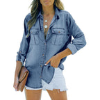 Runcati Womens Button Down Denim Shirt Long Sleeve Roll Up Casual Oversized Jean Shirt Jacket Distressed Tunic Tops