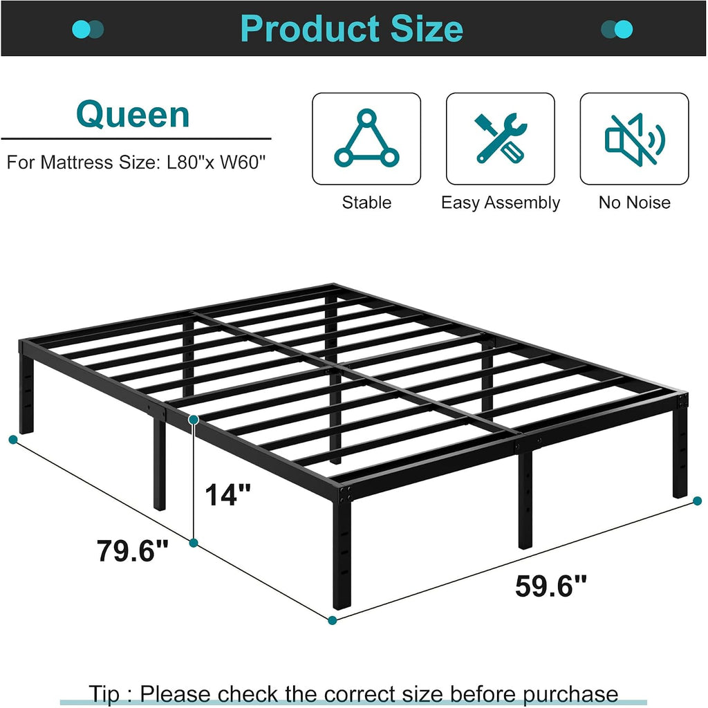 14 Inch Metal Bed Frame Queen Size No Box Spring Needed, Heavy Duty Platform Support Up To 3000 Lbs, Easy Assembly, Noise Free, Black