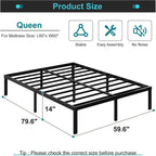 14 Inch Metal Bed Frame Queen Size No Box Spring Needed, Heavy Duty Platform Support Up To 3000 Lbs, Easy Assembly, Noise Free, Black