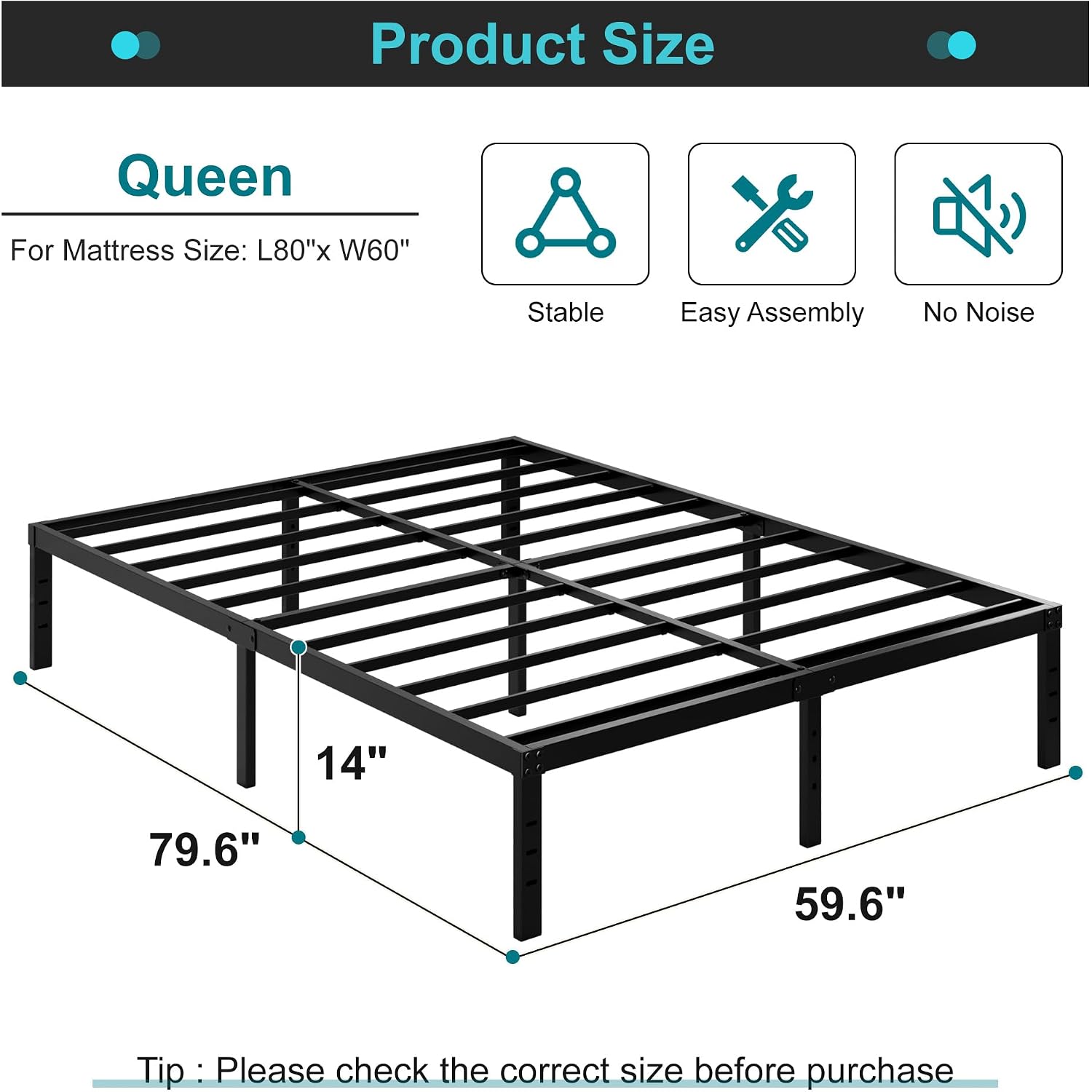 14 Inch Metal Bed Frame Queen Size No Box Spring Needed, Heavy Duty Platform Support Up To 3000 Lbs, Easy Assembly, Noise Free, Black