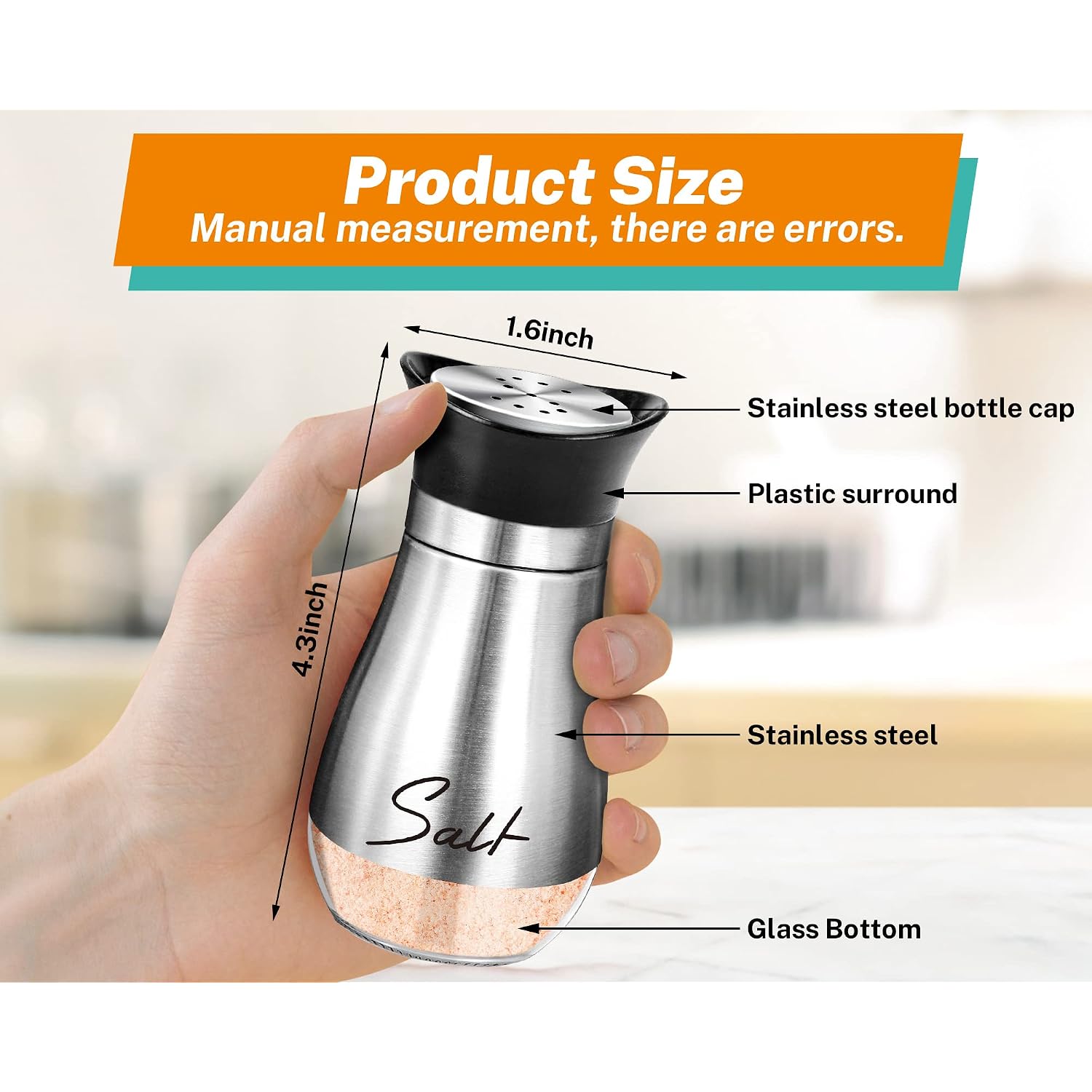 Salt Shakers And Pepper Set,4 Oz Glass Bottom Salt Pepper Shaker With Stainless Steel Lid For Kitchen Gadgets Cooking Table, Rv, Camp,Bbq Refillable Design (Silver)