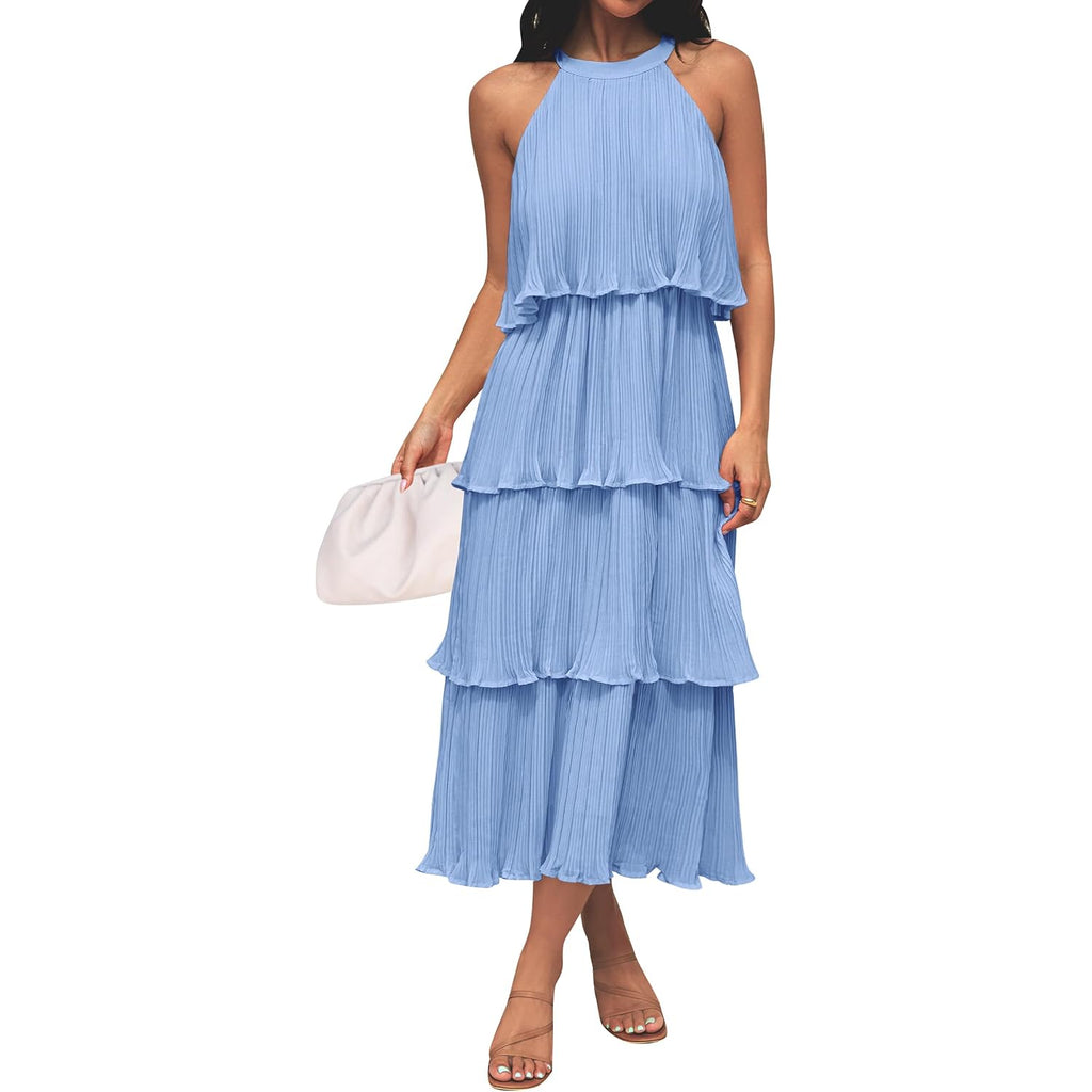 Zesica Women'S 2026 Summer Sleeveless Halter Neck Ruffle Tiered Layed Chiffon Flowy Swing Long Midi Dress