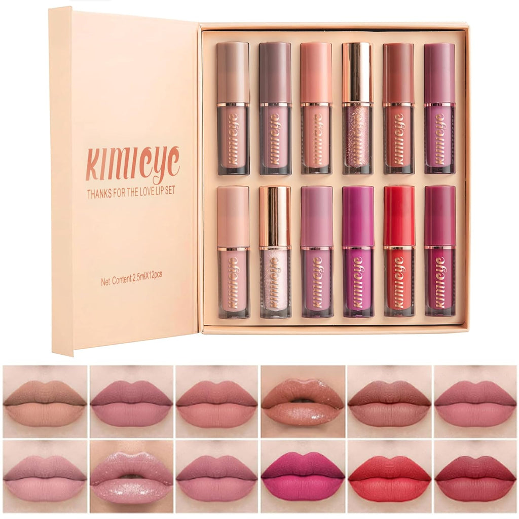 12Pcs Velvet Matte Liquid Lipstick Set, Waterproof Long Lasting Quick-drying Non-Stick Cup Nude Lip Stain Kit, Up to 24H Wear, Professional Lip Makeup Gift Kit for Women (SET A)