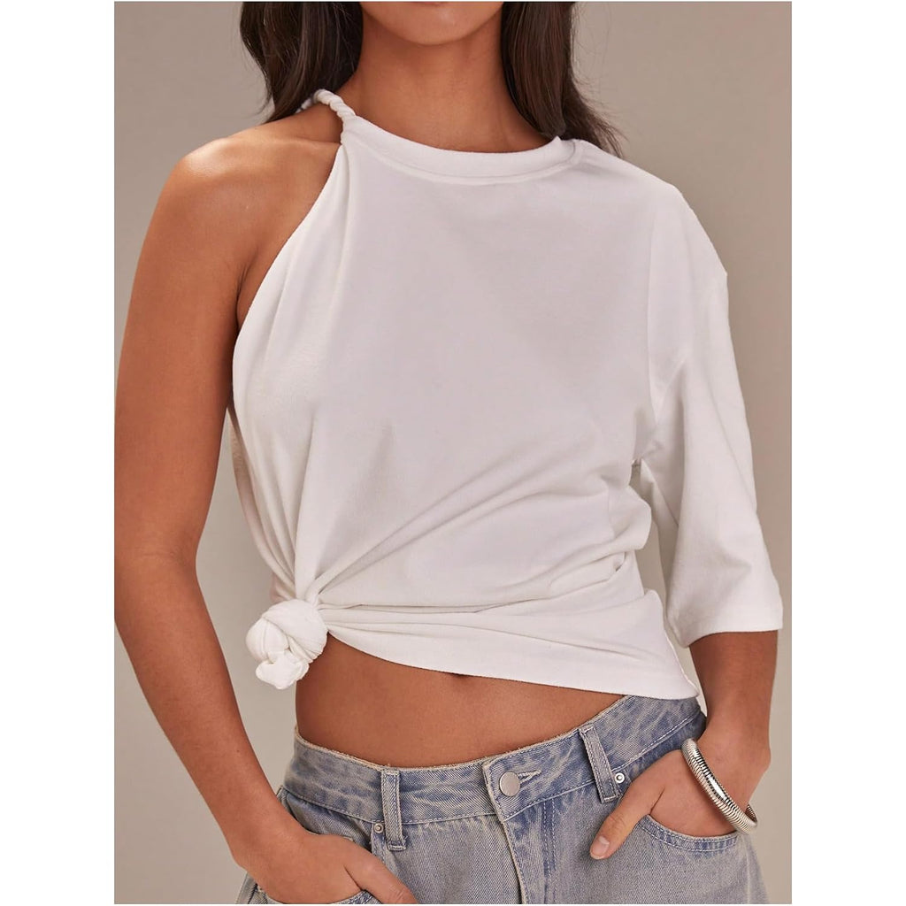 Soly Hux Women'S One Shoulder T Shirt Crew Neck Short Sleeve Tee Dressy Casual Summer Asymmetrical Tops