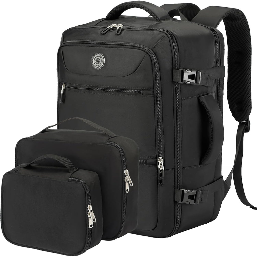 Shrradoo Travel Backpack For Women & Men,Airline Approved Carry On Luggage,Tsa Overnight Bags,40L Personal Item Travel Bag Fits 17" Laptop,Carry On Bag With Storage Bag Cosmetic Bag Set 3Pcs (Black)