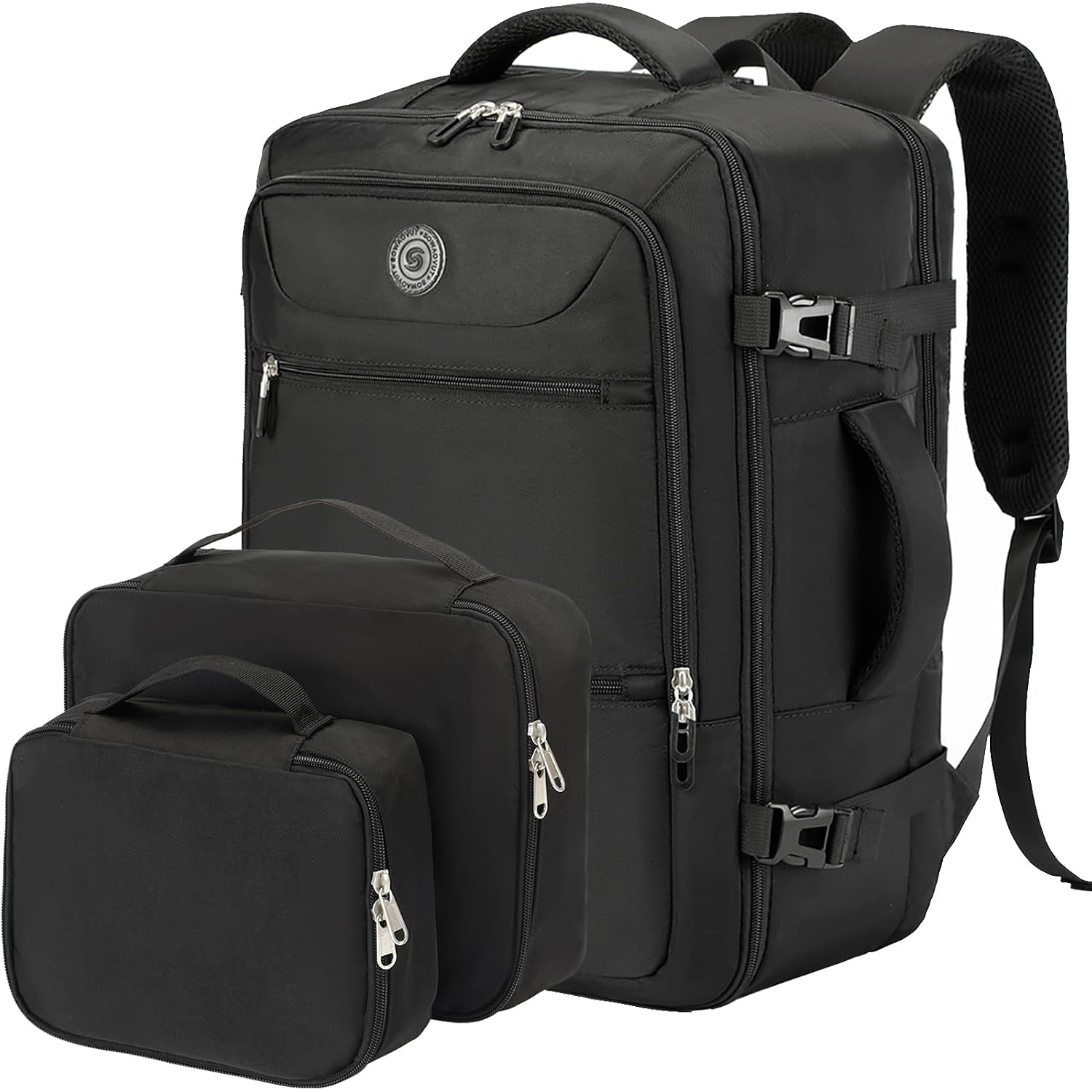 Shrradoo Travel Backpack For Women & Men,Airline Approved Carry On Luggage,Tsa Overnight Bags,40L Personal Item Travel Bag Fits 17" Laptop,Carry On Bag With Storage Bag Cosmetic Bag Set 3Pcs (Black)