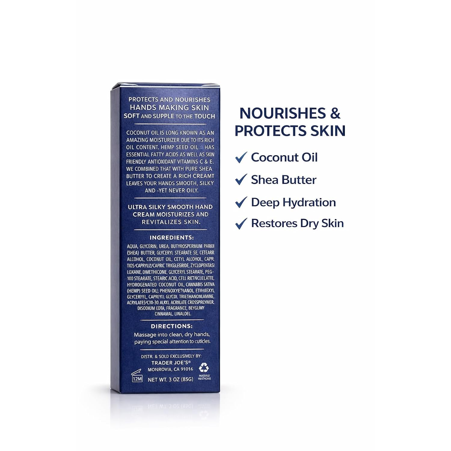 Trader Joe's Ultra Moisturizing Hand Cream with Coconut Oil, Hemp Seed Oil, 20% Shea Butter, Paraben Free, 3 Ounce