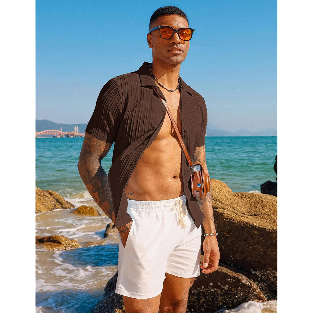 Pj Paul Jones Men'S Casual Button Down Shirts - Short Sleeve Summer Textured Beach Wrinkle-Free Shirts
