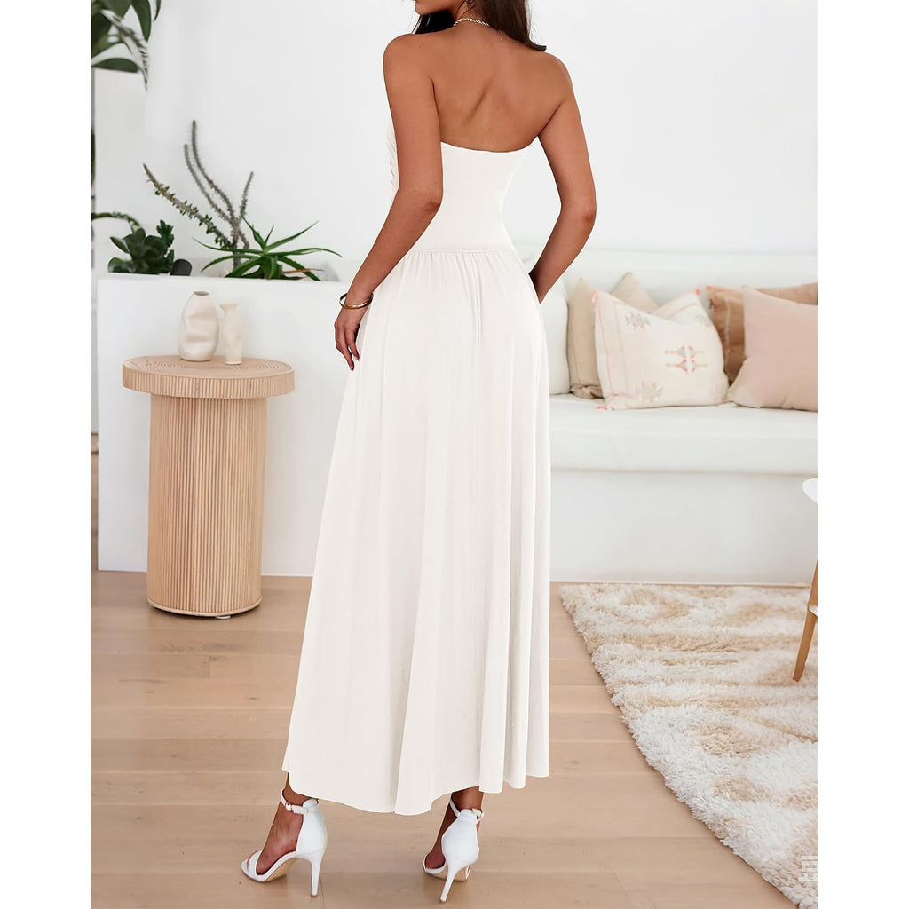 Btfbm Summer Maxi Dresses For Women 2026 Strapless Ruched Tube Top Beach Vacation Spring Wedding Guest Dress Pockets
