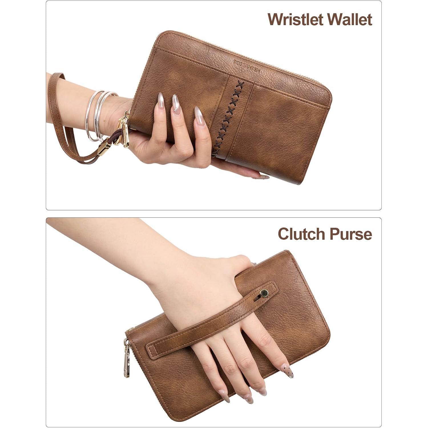 BOSTANTEN Wallets for Women Leather RFID Double Zipper Around Credit Card Holder Large Capacity Wristlet Clutch Wallet