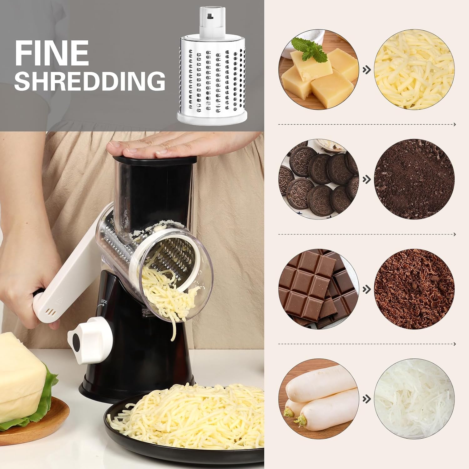 Cambom Rotary Cheese Grater Hand Crank Cheese Shredder For Fresh Cheese, Vegetable, Nuts,Non-Slip Suction Base, Three Blades, Black