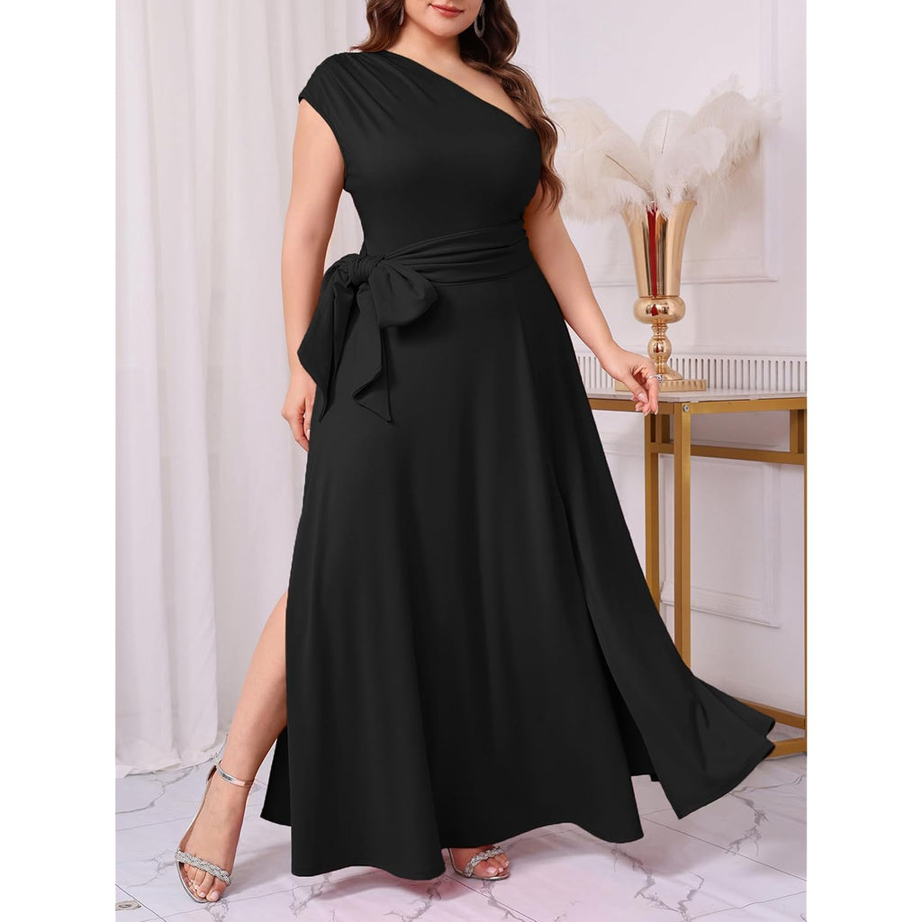 Ekaliy Women'S One Shoulder Belted Maxi Dress Long Formal Wedding Guest Dress With Pockets