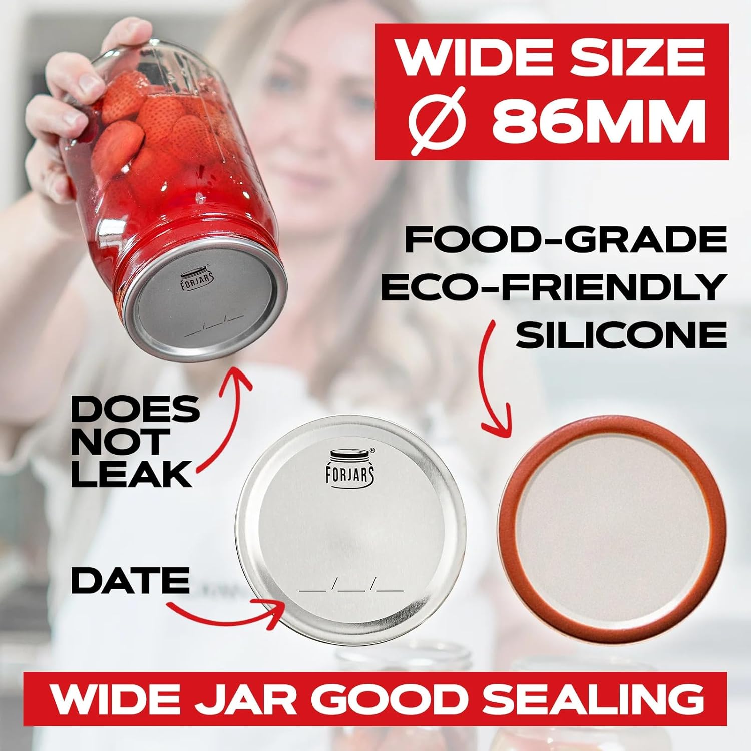 FORJARS - Wide Mouth Canning Lids, 100-Pack – Create Airtight Seals on Mason Jars to Preserve Food for Meal Prep & Emergency Food Storage – 3.4 In. Metal Lids with Silicone Seals – Canning Supplies