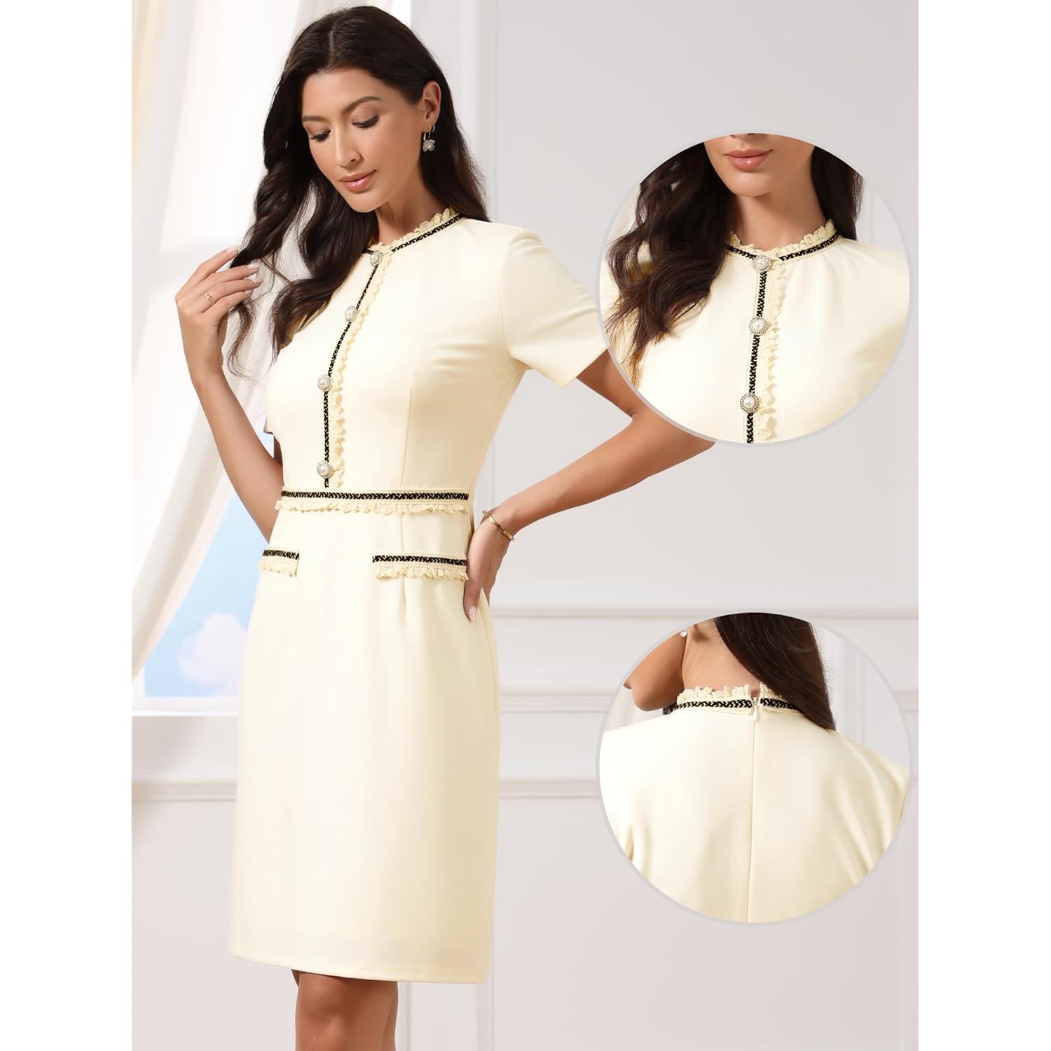 Knee Length Dress for Women Short Sleeve Crew Neck Pearls Decro Bodycon Business Work Elegant Dresses