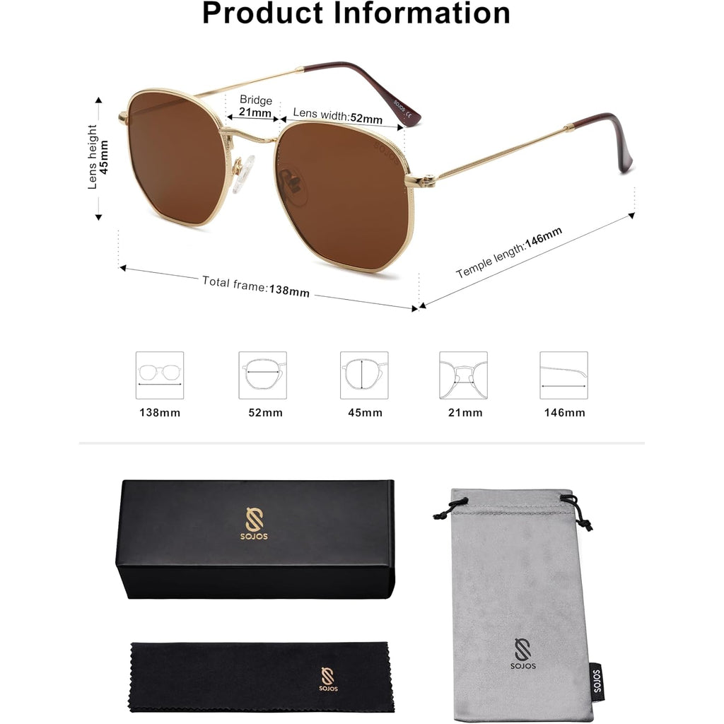 SOJOS Square Polarized Sunglasses for Women Men Small Hexagonal Polygon Shades SJ1072 Brown