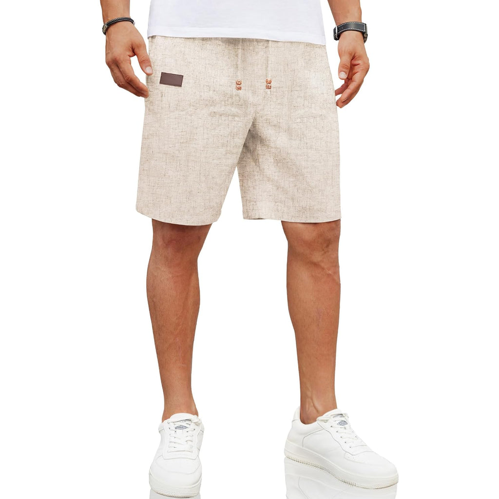 Coofandy Mens Casual Linen Shorts Elastic Waist Drawstring Loose Fit Summer Beach Vacation Shorts With Pockets