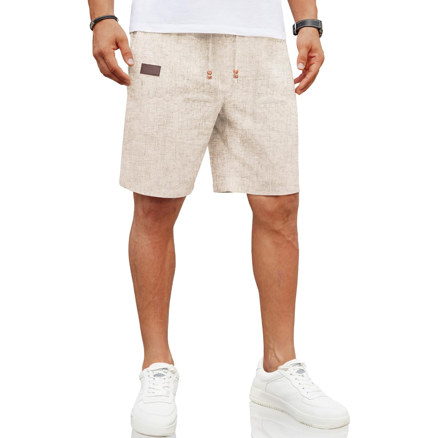 Coofandy Mens Casual Linen Shorts Elastic Waist Drawstring Loose Fit Summer Beach Vacation Shorts With Pockets