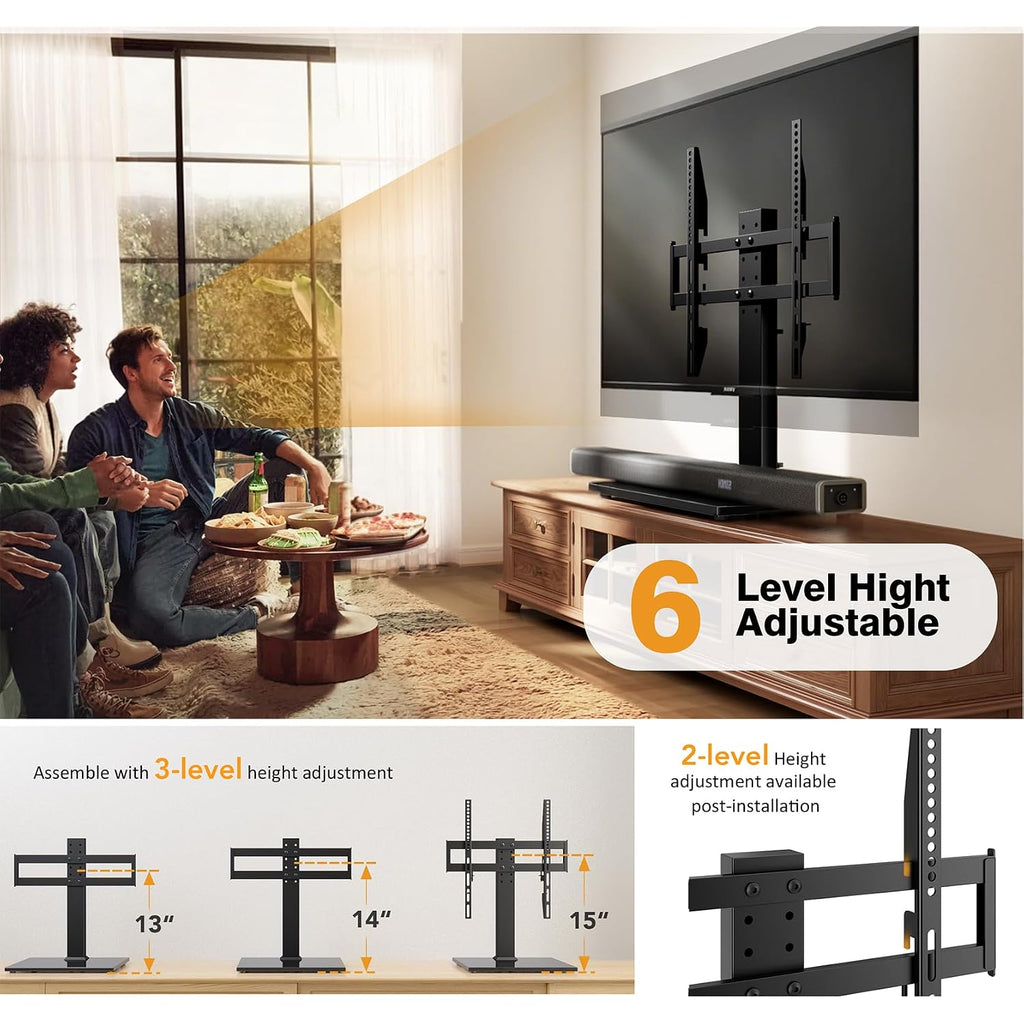 Universal Tv Stand - Table Top Tv Stand For 27-60 Inch Lcd Led Tvs - 6 Level Height Adjustable Tv Base Stand With Tempered Glass Base & Wire Management, Vesa 400X400Mm
