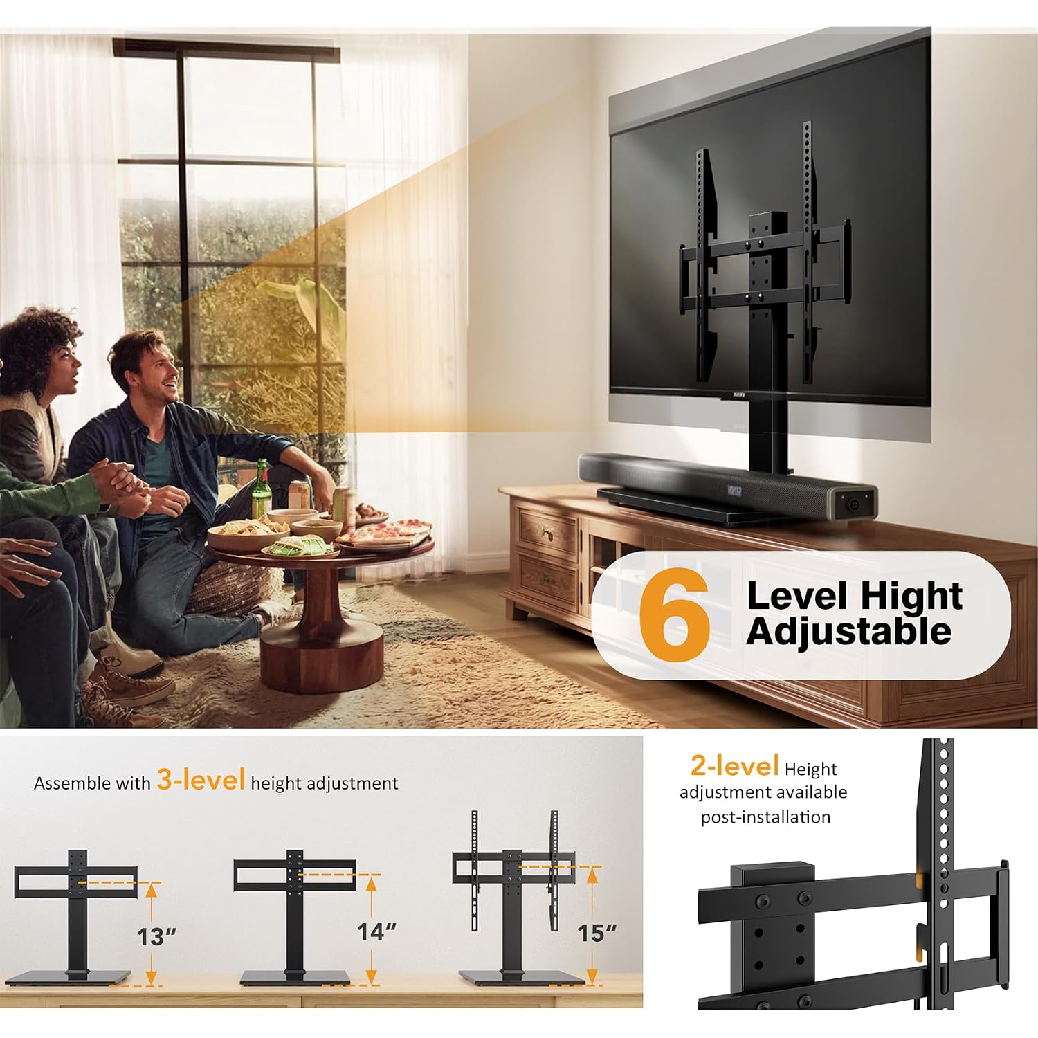 Universal Tv Stand - Table Top Tv Stand For 27-60 Inch Lcd Led Tvs - 6 Level Height Adjustable Tv Base Stand With Tempered Glass Base & Wire Management, Vesa 400X400Mm