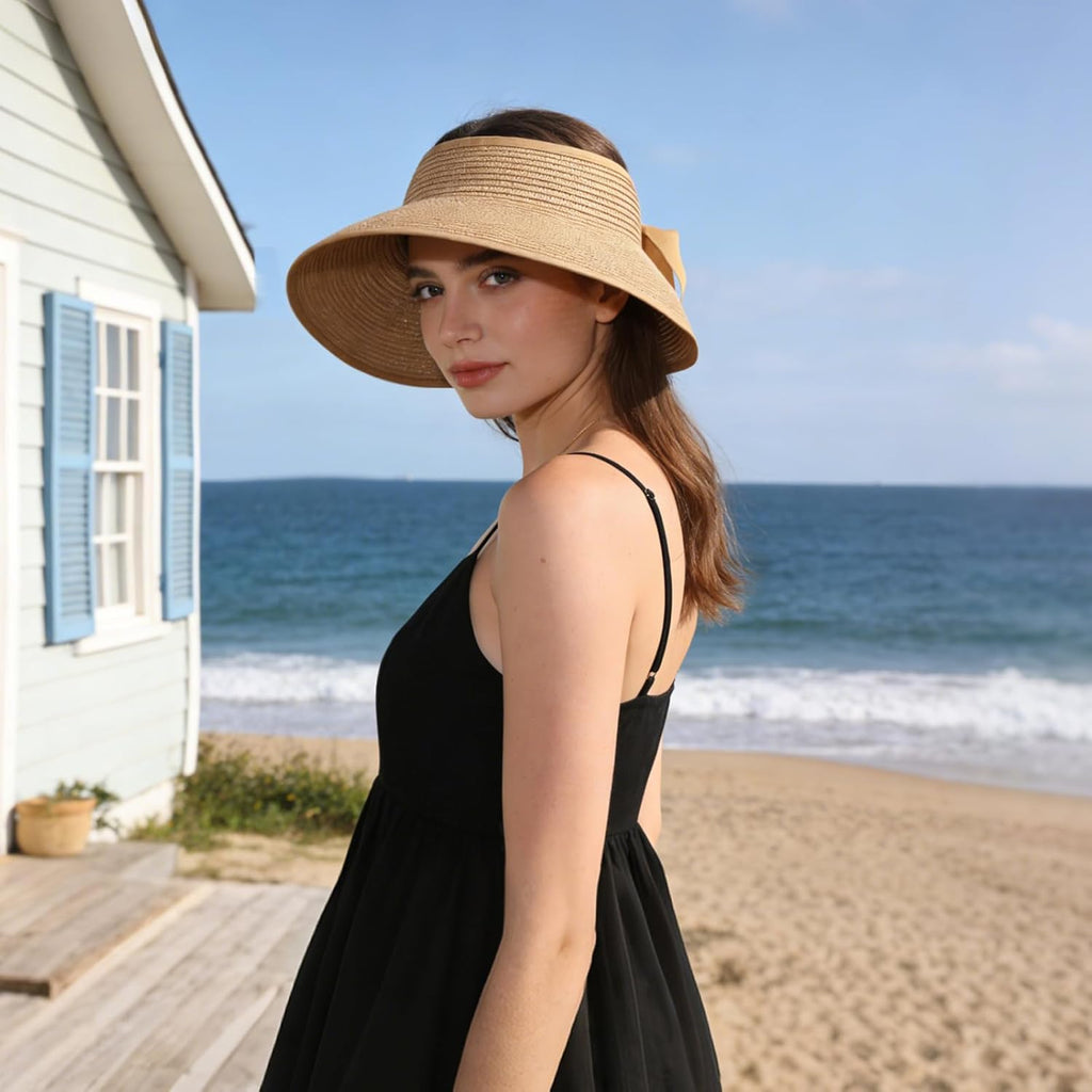 Oweisong Sun Visor Hat for Women Summer Straw Beach Hats Packable Wide Brim Hat with Ponytail Hole Beach Essentials