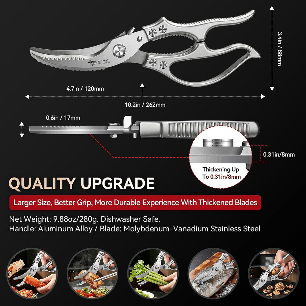 Mad Shark Heavy Duty Poultry Shears, Kitchen Shears With Non-Slip Handle & Safety Lock, All Purpose Kitchen Scissors For Chicken, Meat Cutting, Turkey, Fish, Vegetables, Spring Loaded, Dishwasher Safe