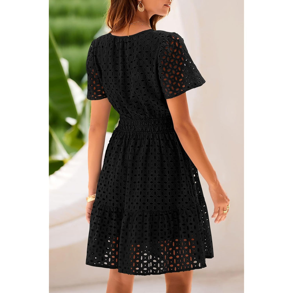 Prettygarden Womens 2026 Summer Short Dress V Neck Short Sleeve A Line Hollow Out Lace Cute Casual Beach Party Spring Dresses