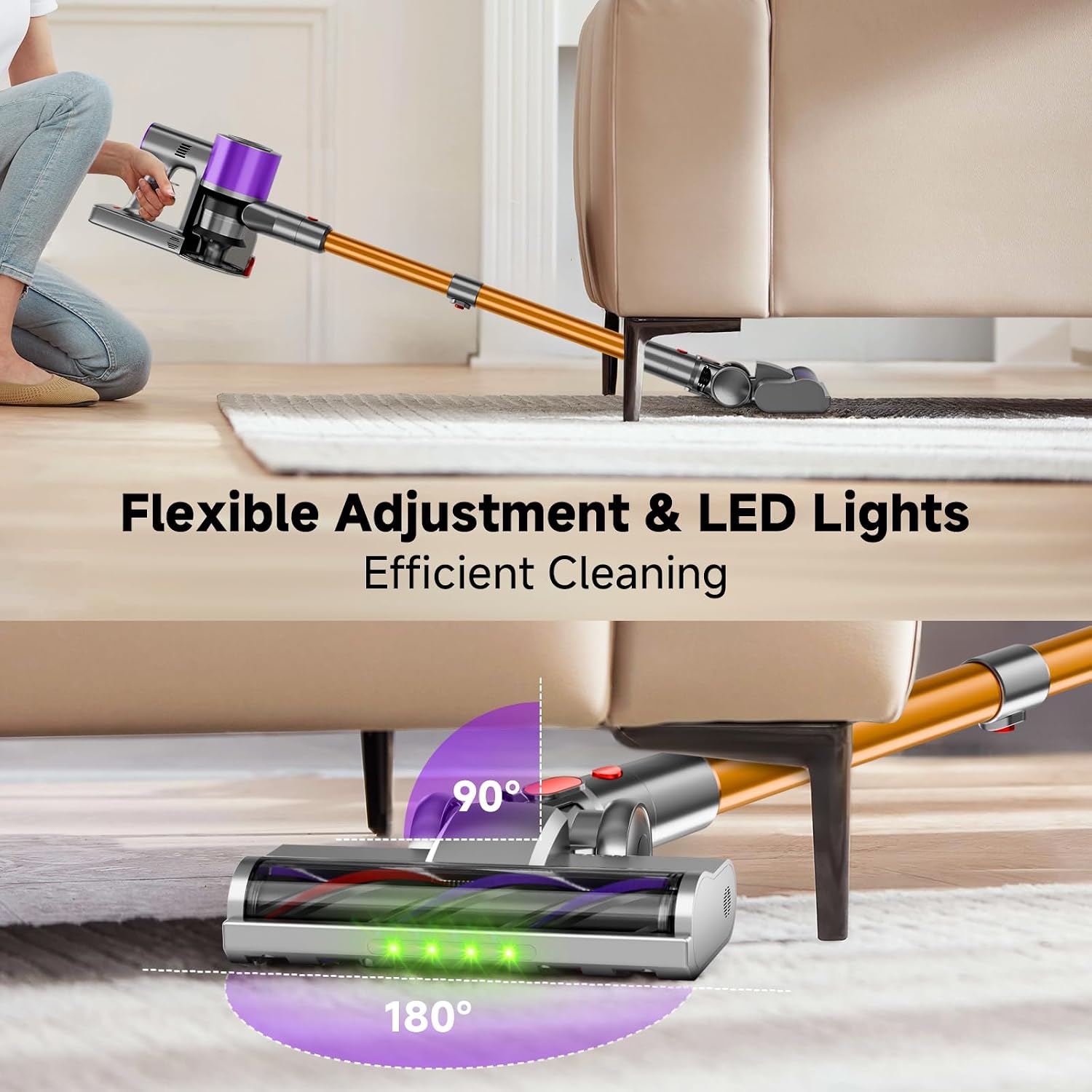 Cordless Stick Vacuum Cleaner, 40Kpa Powerful Suction Vacuum Cleaner With Led Headlight, Detachable Battery, 8-In-1 Lightweight Handheld Vacuums For Pet Hair Carpet And Hardwood Floor, Purple